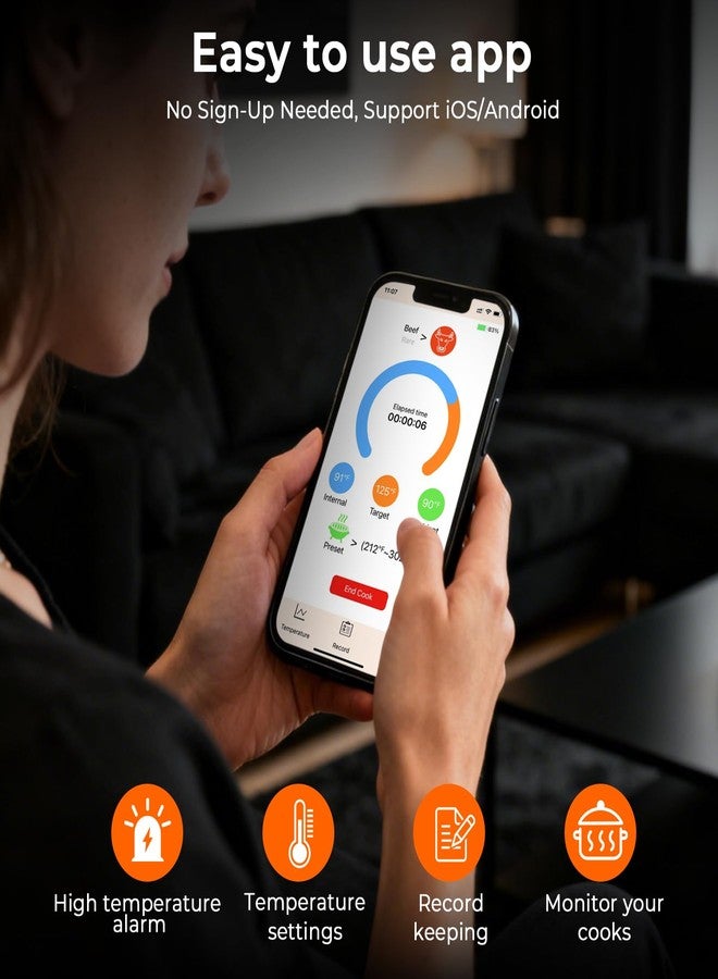 BlueSwan مقياس حرارة رقمي لاسلكي للحوم من بلو سوان، مقياس حرارة طعام بتقنية بلوتوث بمدى 820 قدمًا مع تطبيق، مناسب للشواية والمدخنة والفرن، تصميم مغناطيسي للشواء والطبخ، هدية مثالية للرجال في عيد الميلاد - Image 3
